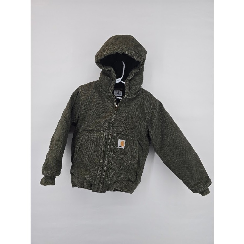 Carhartt Boys Active Jacket Olive Green Hooded Canvas Fleece Lined‎ Coat Sz  4-5